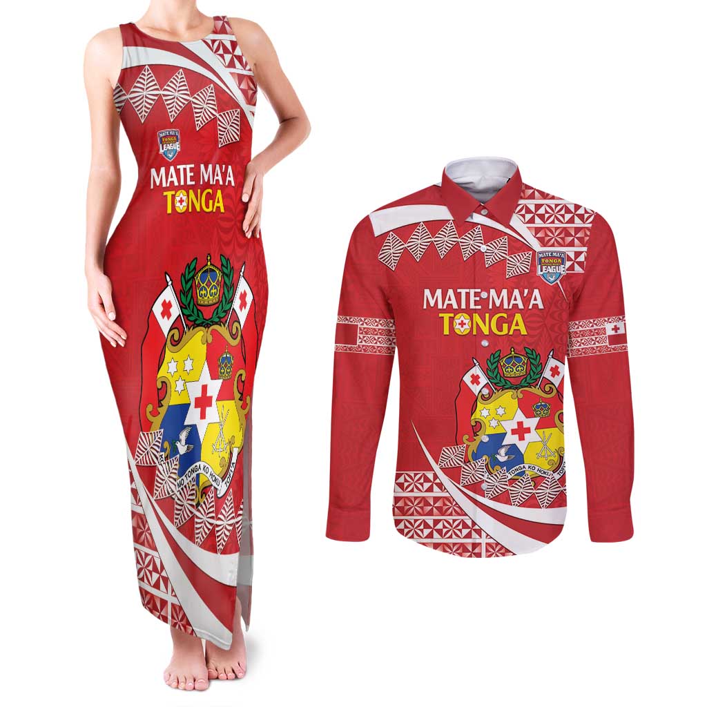 Custom Mate Maa Tonga Couples Matching Tank Maxi Dress and Long Sleeve Button Shirt 2024 Go Champions LT14 Red - Polynesian Pride