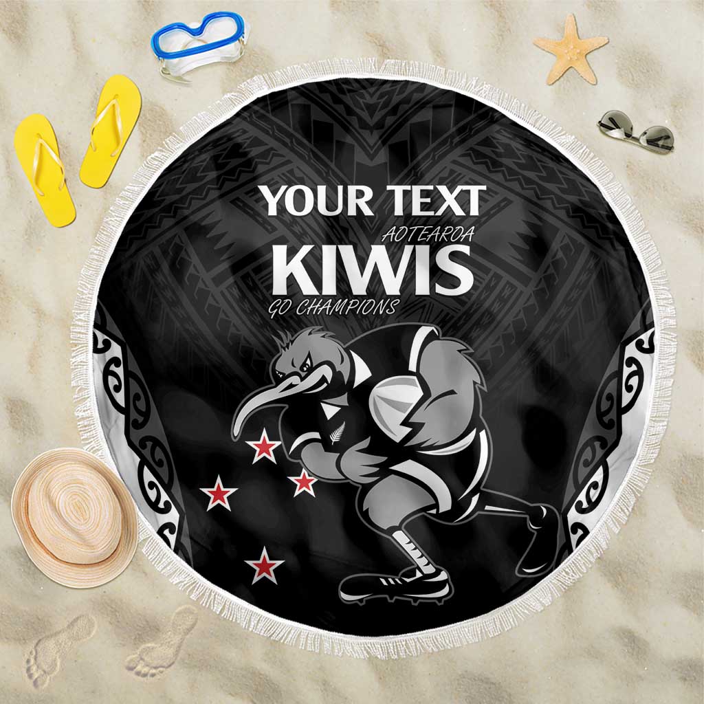 Aotearoa Rugby Custom Beach Blanket Maori Kiwi - Mascot Style LT14 One Size 150cm Black - Polynesian Pride