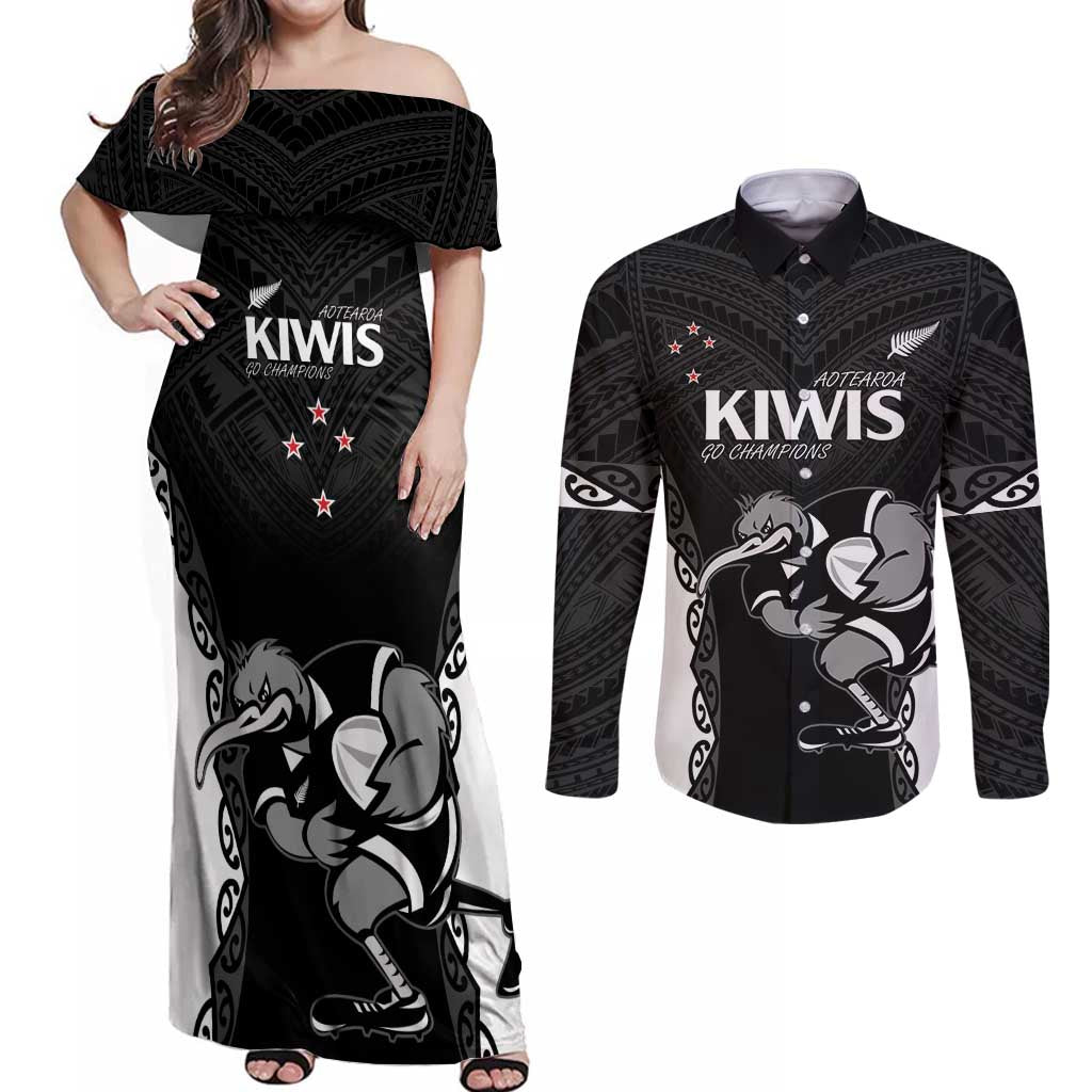 Aotearoa Rugby Custom Couples Matching Off Shoulder Maxi Dress and Long Sleeve Button Shirt Maori Kiwi - Mascot Style LT14 Black - Polynesian Pride