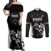 Aotearoa Rugby Custom Couples Matching Off Shoulder Maxi Dress and Long Sleeve Button Shirt Maori Kiwi - Mascot Style LT14 Black - Polynesian Pride