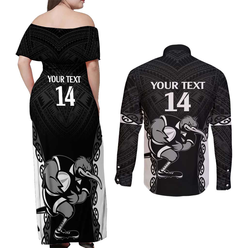 Aotearoa Rugby Custom Couples Matching Off Shoulder Maxi Dress and Long Sleeve Button Shirt Maori Kiwi - Mascot Style LT14 - Polynesian Pride