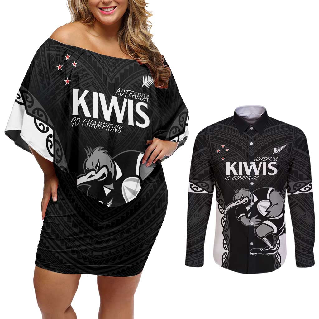 Aotearoa Rugby Custom Couples Matching Off Shoulder Short Dress and Long Sleeve Button Shirt Maori Kiwi - Mascot Style LT14 Black - Polynesian Pride