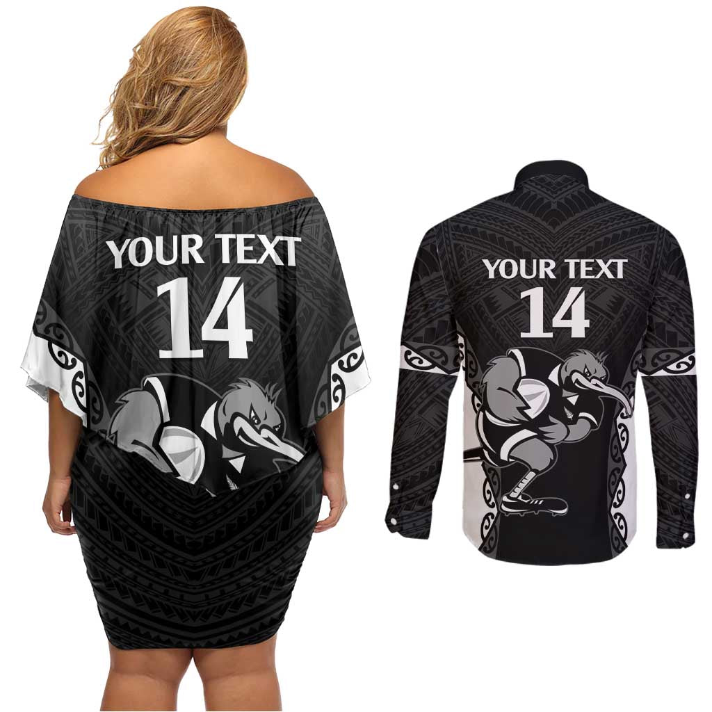 Aotearoa Rugby Custom Couples Matching Off Shoulder Short Dress and Long Sleeve Button Shirt Maori Kiwi - Mascot Style LT14 - Polynesian Pride