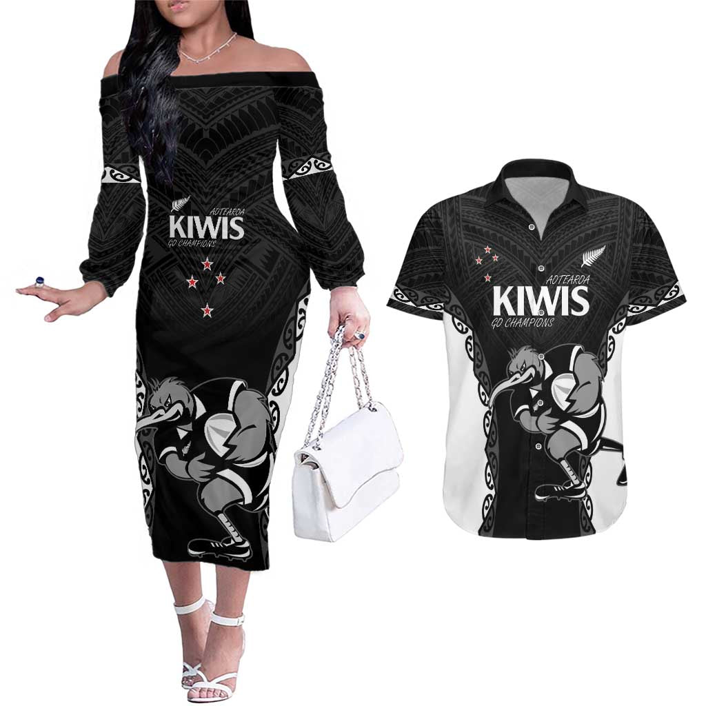 Aotearoa Rugby Custom Couples Matching Off The Shoulder Long Sleeve Dress and Hawaiian Shirt Maori Kiwi - Mascot Style