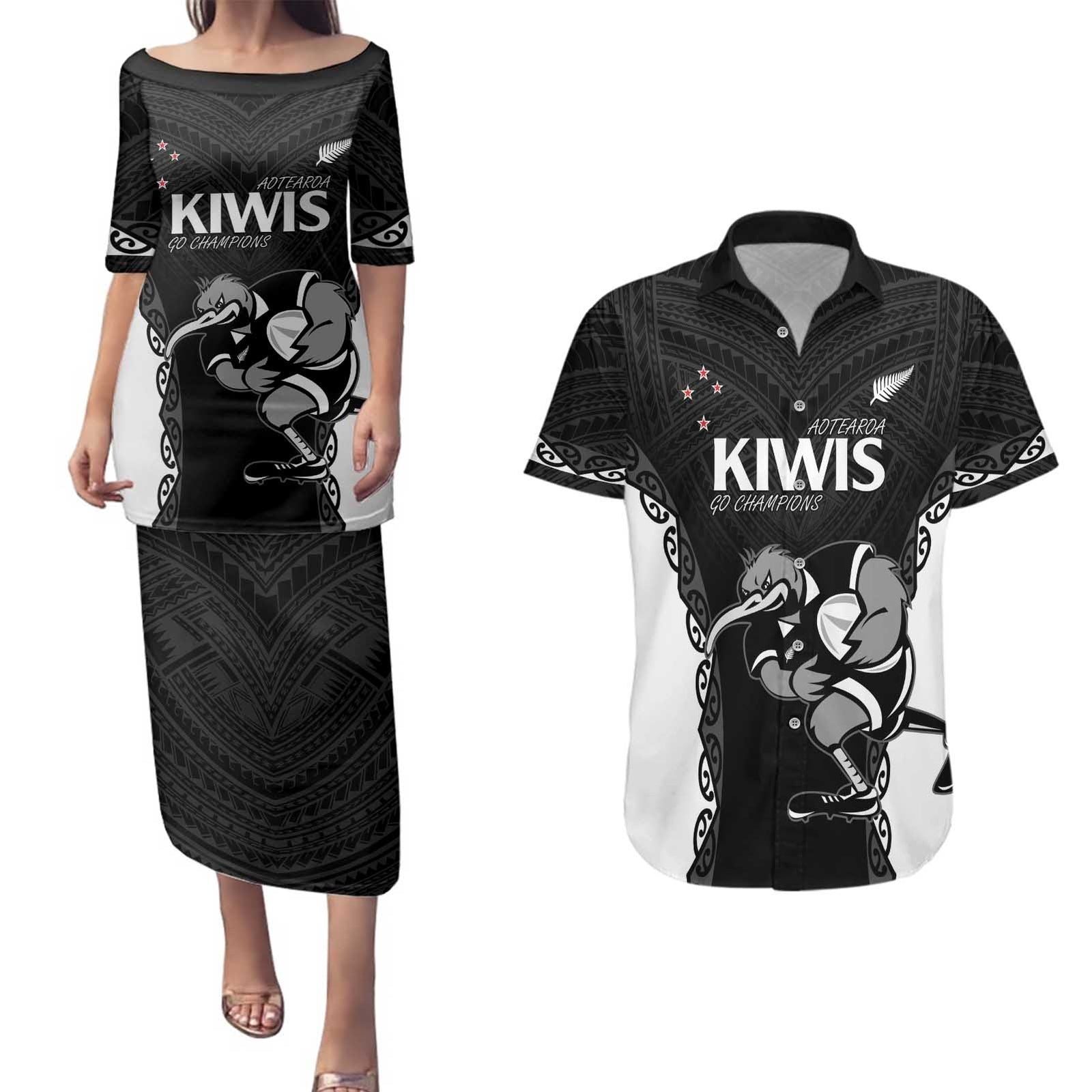 Aotearoa Rugby Custom Couples Matching Puletasi and Hawaiian Shirt Maori Kiwi - Mascot Style LT14 Black - Polynesian Pride