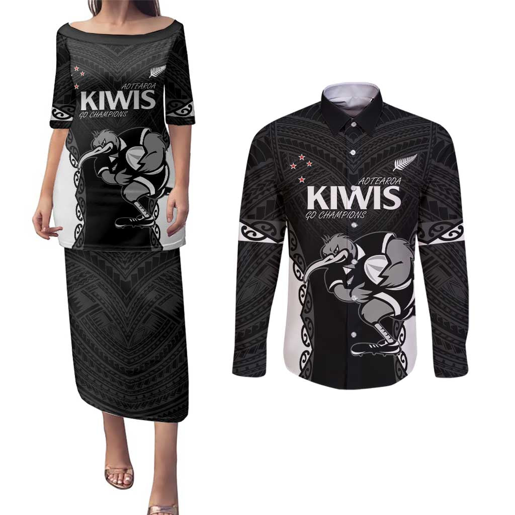 Aotearoa Rugby Custom Couples Matching Puletasi and Long Sleeve Button Shirt Maori Kiwi - Mascot Style LT14 Black - Polynesian Pride