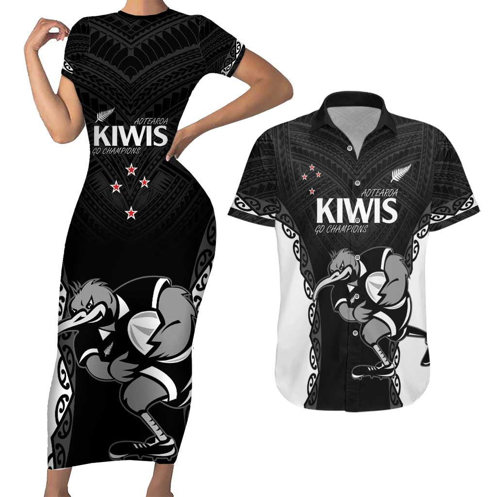 Aotearoa Rugby Custom Couples Matching Short Sleeve Bodycon Dress and Hawaiian Shirt Maori Kiwi - Mascot Style LT14 Black - Polynesian Pride