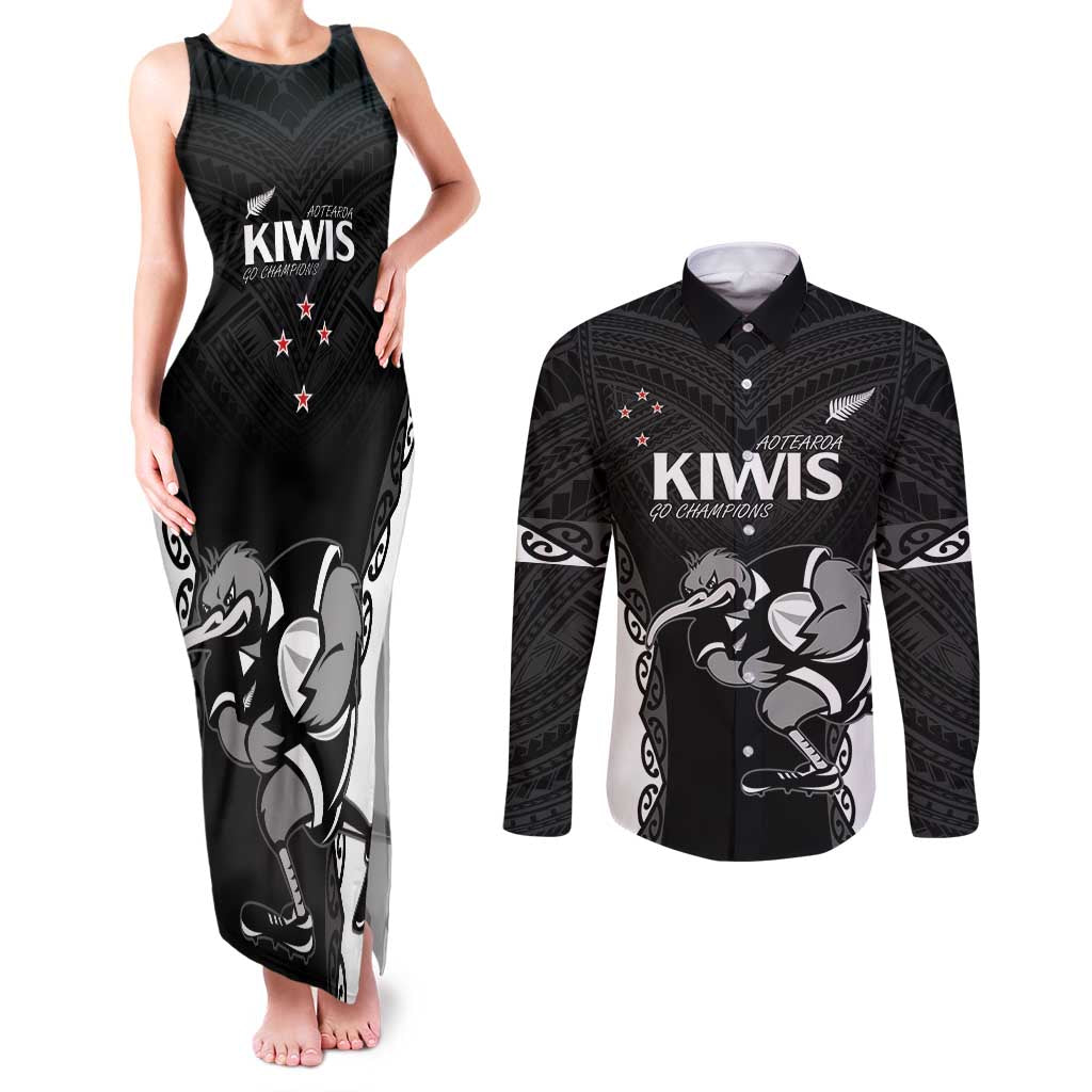 Aotearoa Rugby Custom Couples Matching Tank Maxi Dress and Long Sleeve Button Shirt Maori Kiwi - Mascot Style LT14 Black - Polynesian Pride