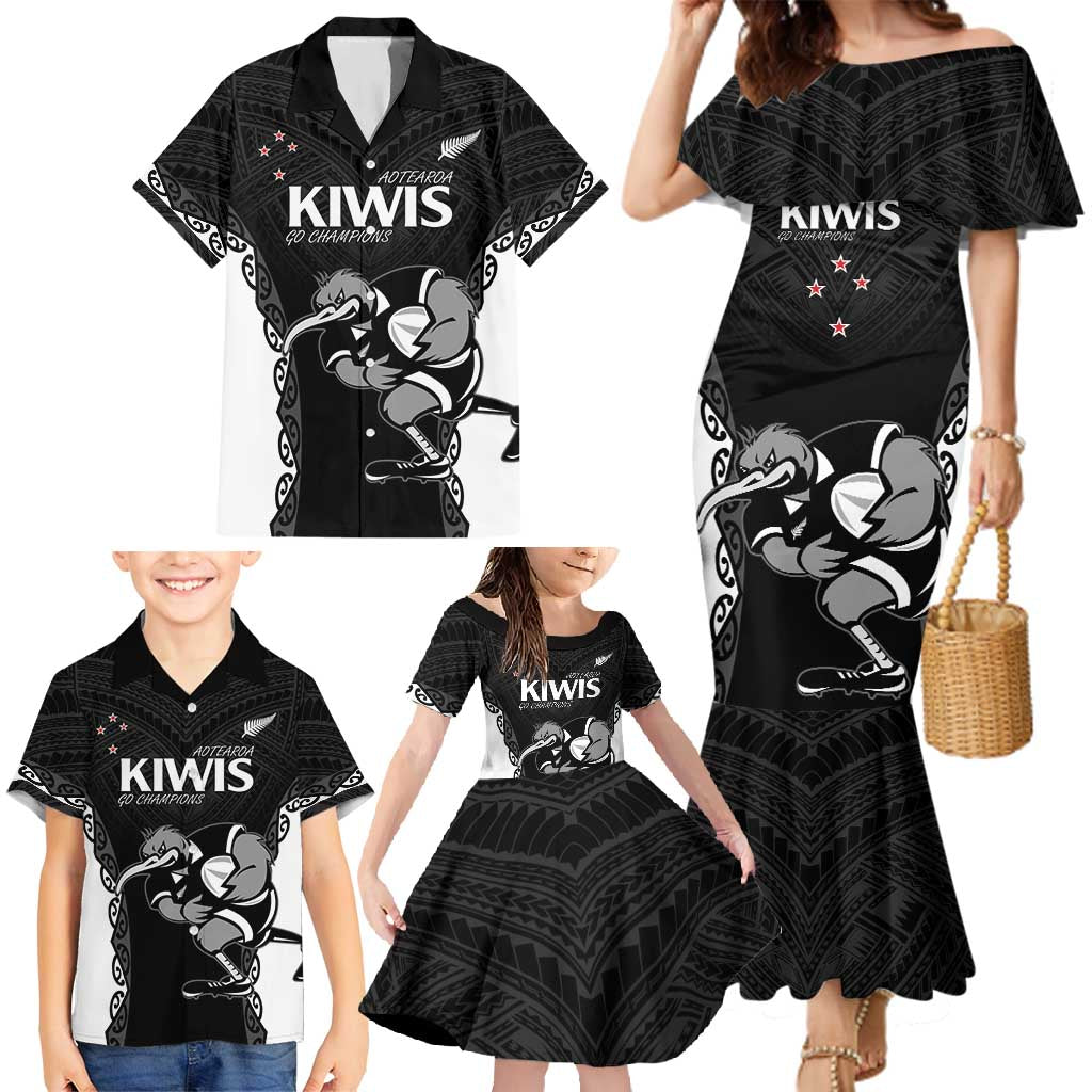 Aotearoa Rugby Custom Family Matching Mermaid Dress and Hawaiian Shirt Maori Kiwi - Mascot Style