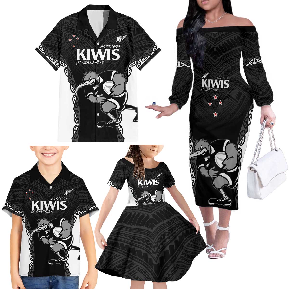 Aotearoa Rugby Custom Family Matching Off The Shoulder Long Sleeve Dress and Hawaiian Shirt Maori Kiwi - Mascot Style