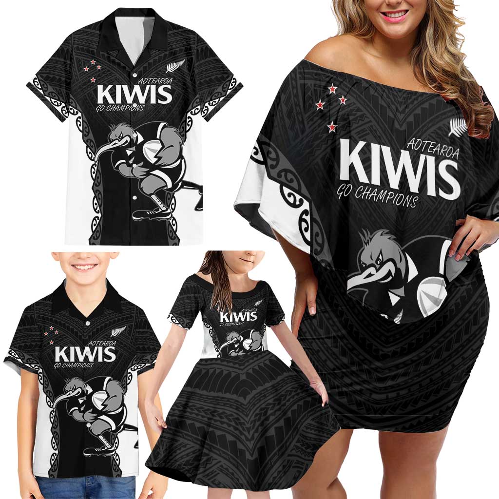 Aotearoa Rugby Custom Family Matching Off Shoulder Short Dress and Hawaiian Shirt Maori Kiwi - Mascot Style