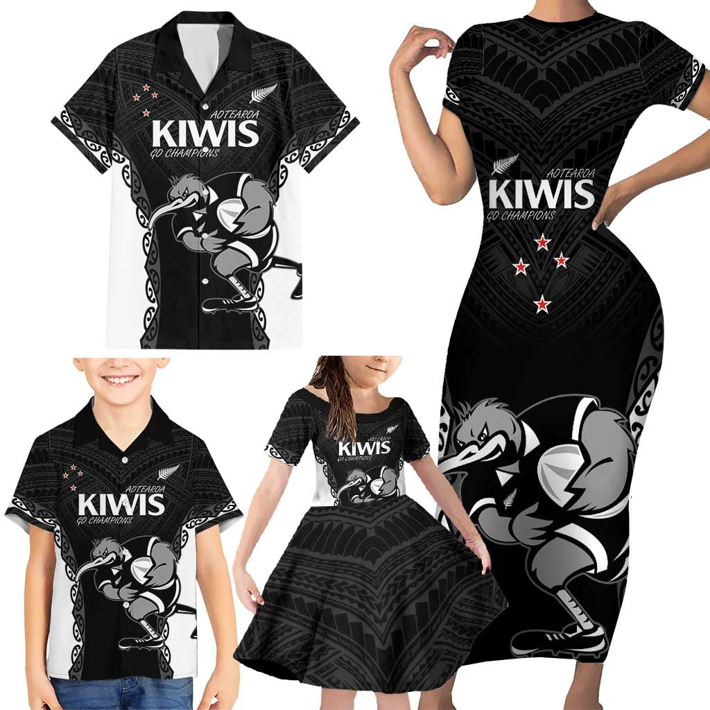 Aotearoa Rugby Custom Family Matching Short Sleeve Bodycon Dress and Hawaiian Shirt Maori Kiwi - Mascot Style