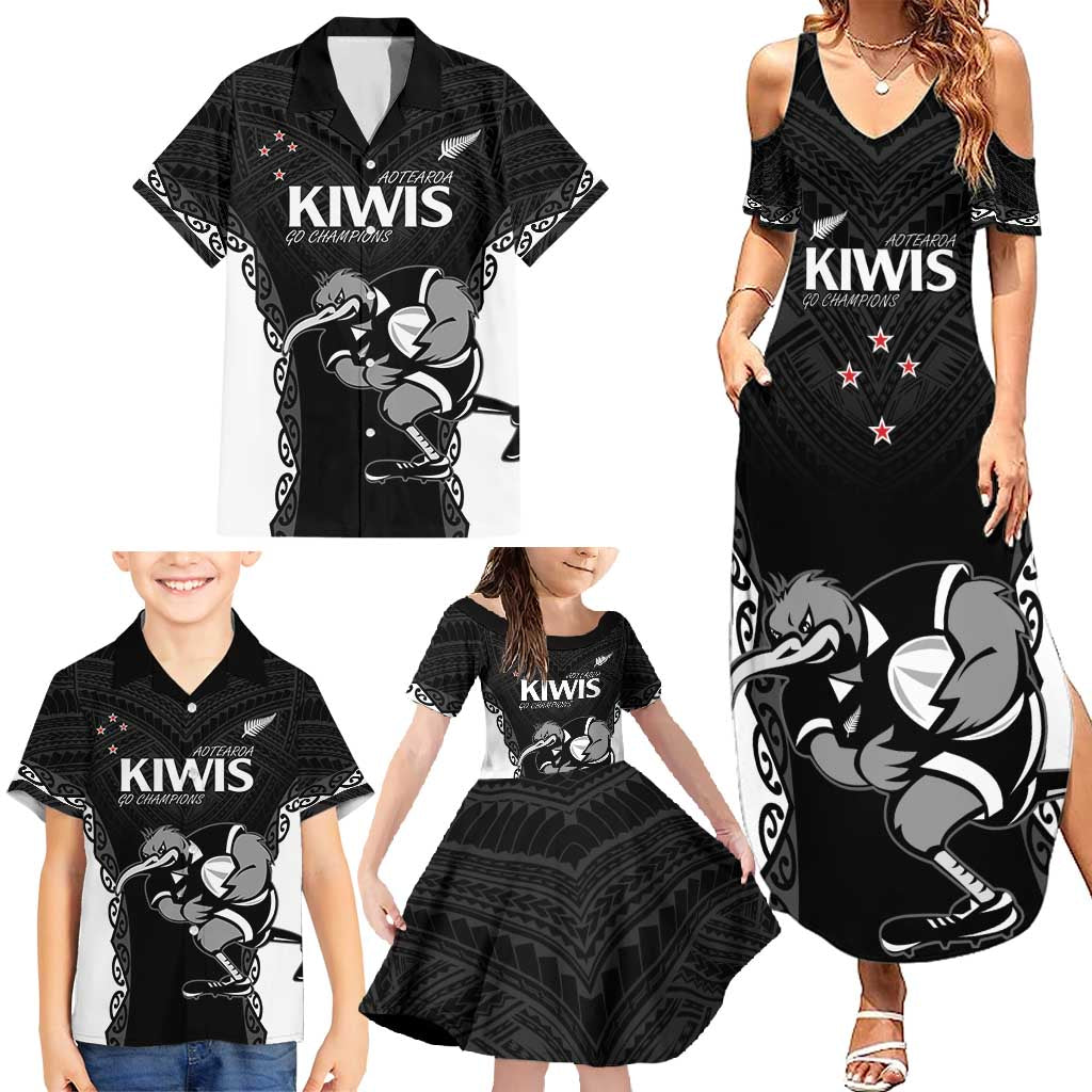 Aotearoa Rugby Custom Family Matching Summer Maxi Dress and Hawaiian Shirt Maori Kiwi - Mascot Style