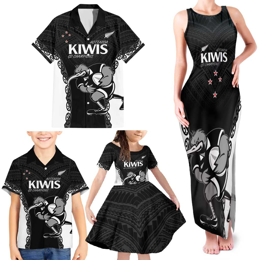 Aotearoa Rugby Custom Family Matching Tank Maxi Dress and Hawaiian Shirt Maori Kiwi - Mascot Style