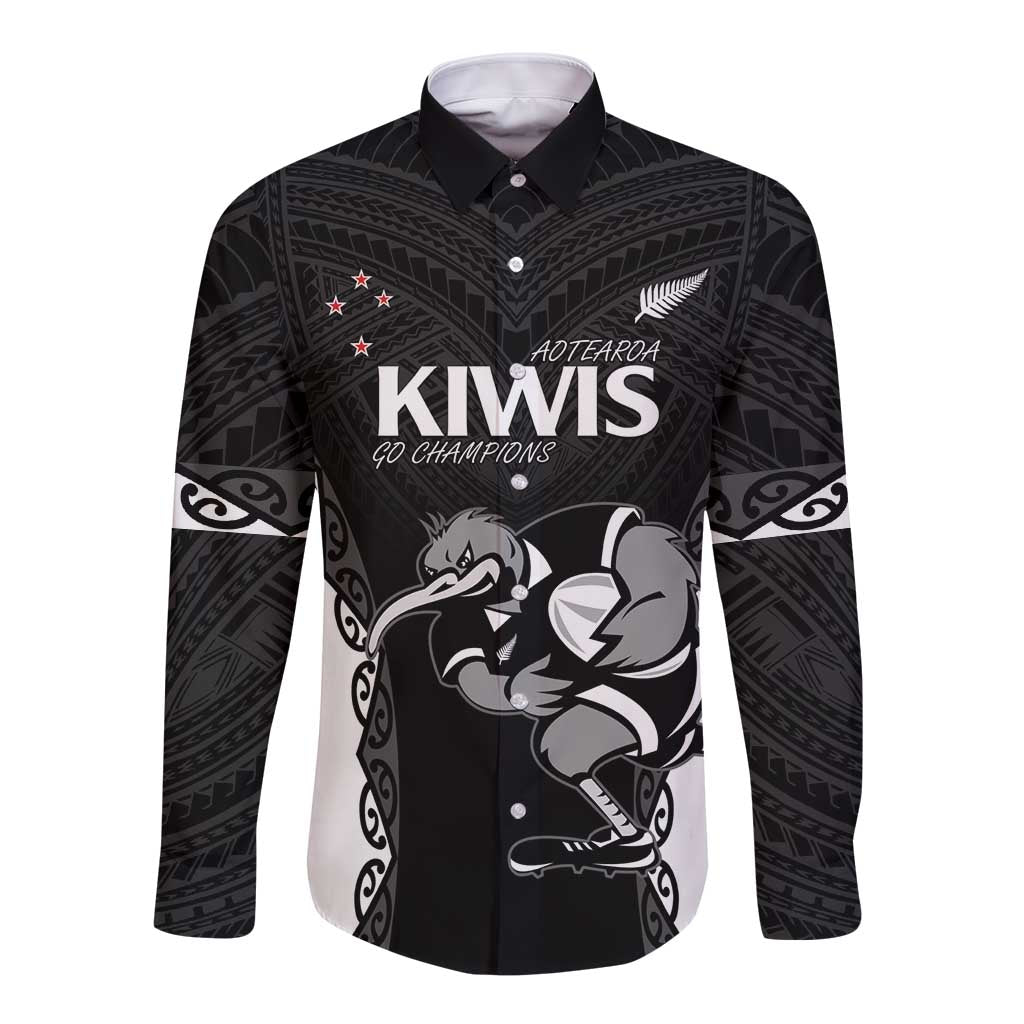 Aotearoa Rugby Custom Long Sleeve Button Shirt Maori Kiwi - Mascot Style