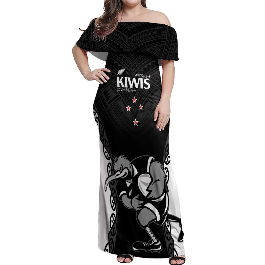 Aotearoa Rugby Custom Off Shoulder Maxi Dress Maori Kiwi - Mascot Style LT14 Women Black - Polynesian Pride
