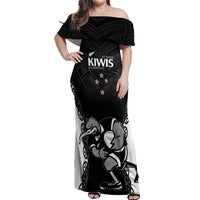 Aotearoa Rugby Custom Off Shoulder Maxi Dress Maori Kiwi - Mascot Style LT14 Women Black - Polynesian Pride