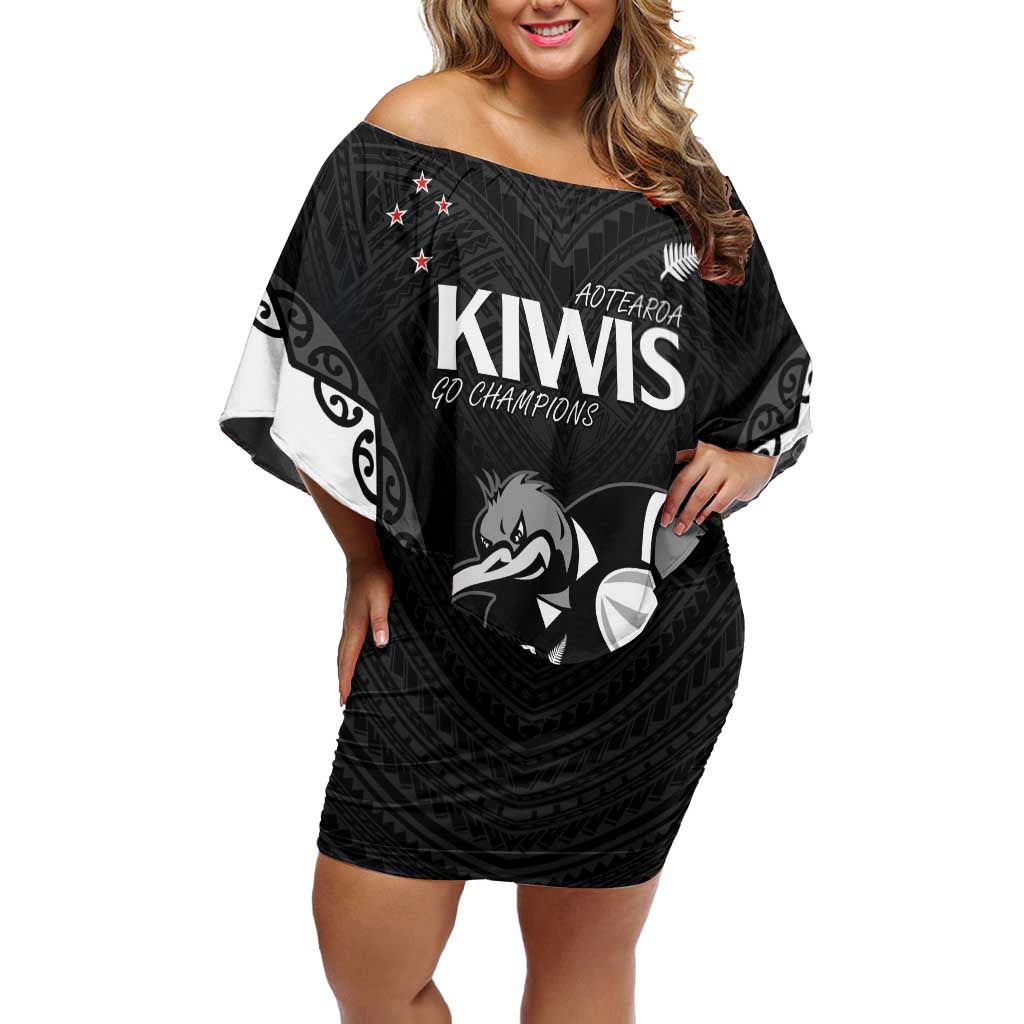 Aotearoa Rugby Custom Off Shoulder Short Dress Maori Kiwi - Mascot Style LT14 Women Black - Polynesian Pride