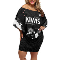 Aotearoa Rugby Custom Off Shoulder Short Dress Maori Kiwi - Mascot Style LT14 Women Black - Polynesian Pride