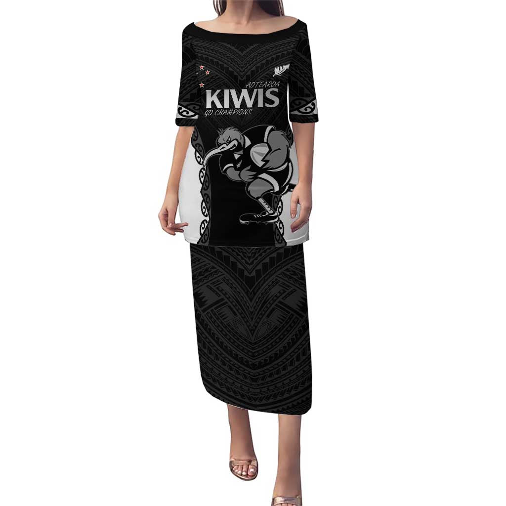 Aotearoa Rugby Custom Puletasi Maori Kiwi - Mascot Style LT14 Long Dress Black - Polynesian Pride