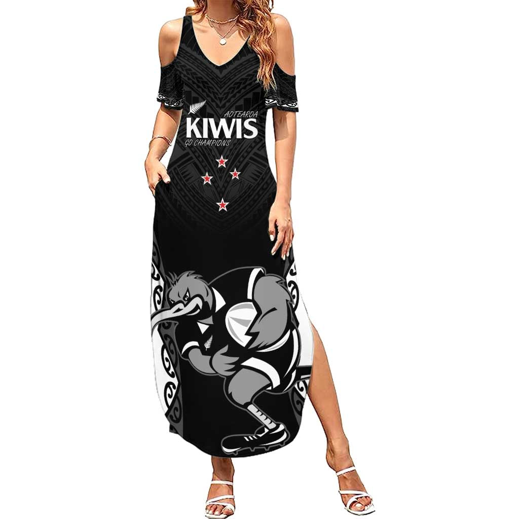 Aotearoa Rugby Custom Summer Maxi Dress Maori Kiwi - Mascot Style LT14 Women Black - Polynesian Pride