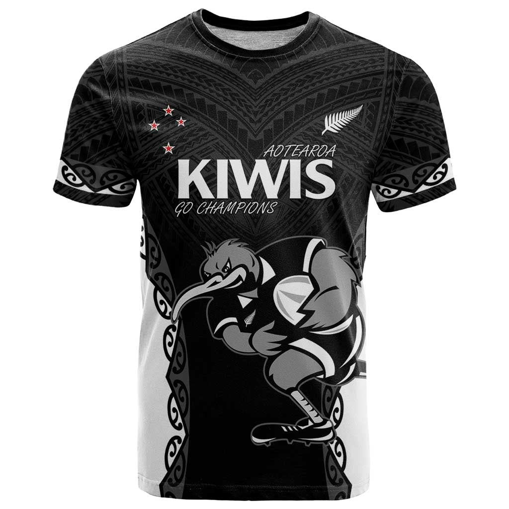 Aotearoa Rugby Custom T Shirt Maori Kiwi - Mascot Style LT14 Black - Polynesian Pride