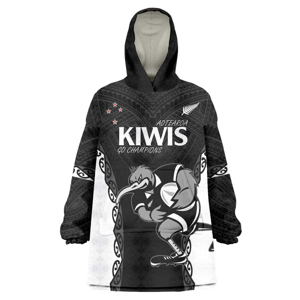 Aotearoa Rugby Custom Wearable Blanket Hoodie Maori Kiwi - Mascot Style LT14 One Size Black - Polynesian Pride