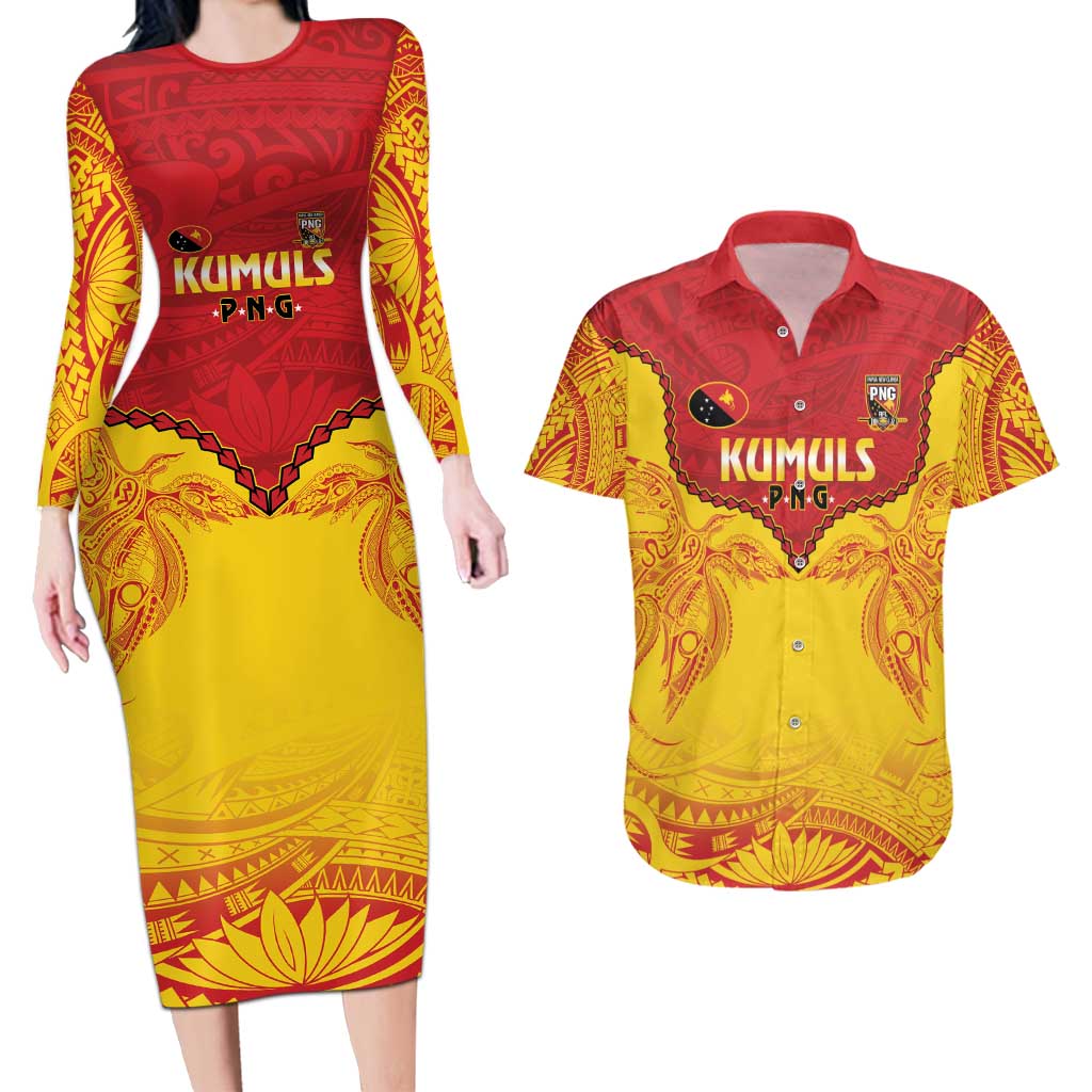 Papua New Guinea Rugby Custom Couples Matching Long Sleeve Bodycon Dress and Hawaiian Shirt Go Kumuls PNG - Polynesian Pattern