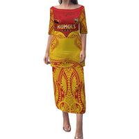 Papua New Guinea Rugby Custom Puletasi Go Kumuls PNG - Polynesian Pattern LT14 Long Dress Yellow - Polynesian Pride