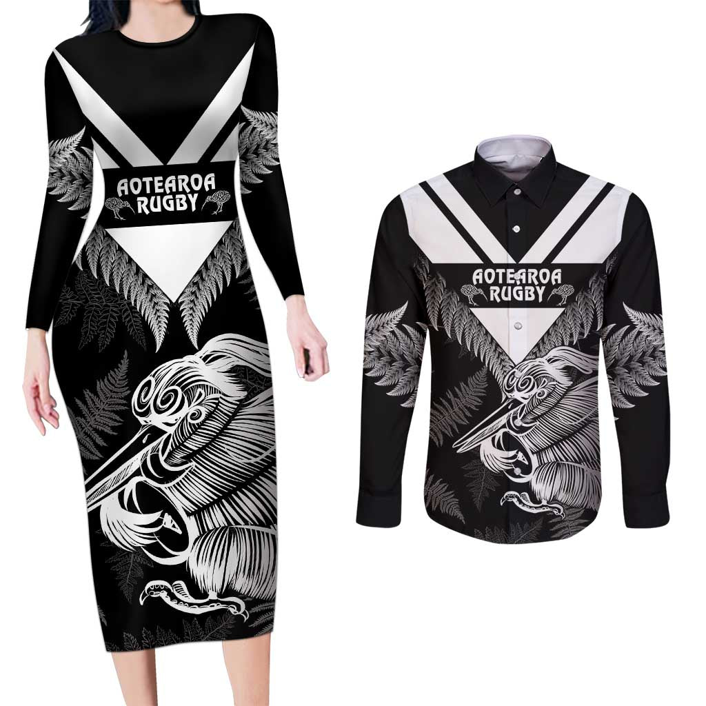 Aotearoa Silver Fern Rugby Custom Couples Matching Long Sleeve Bodycon Dress and Long Sleeve Button Shirt 2024 Go Kiwi LT14 Black - Polynesian Pride