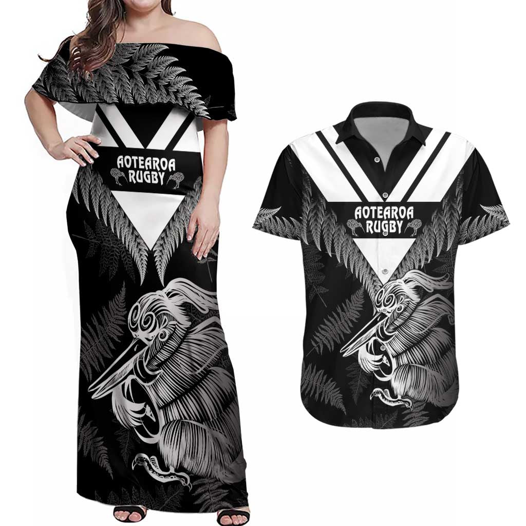 Aotearoa Silver Fern Rugby Custom Couples Matching Off Shoulder Maxi Dress and Hawaiian Shirt 2024 Go Kiwi