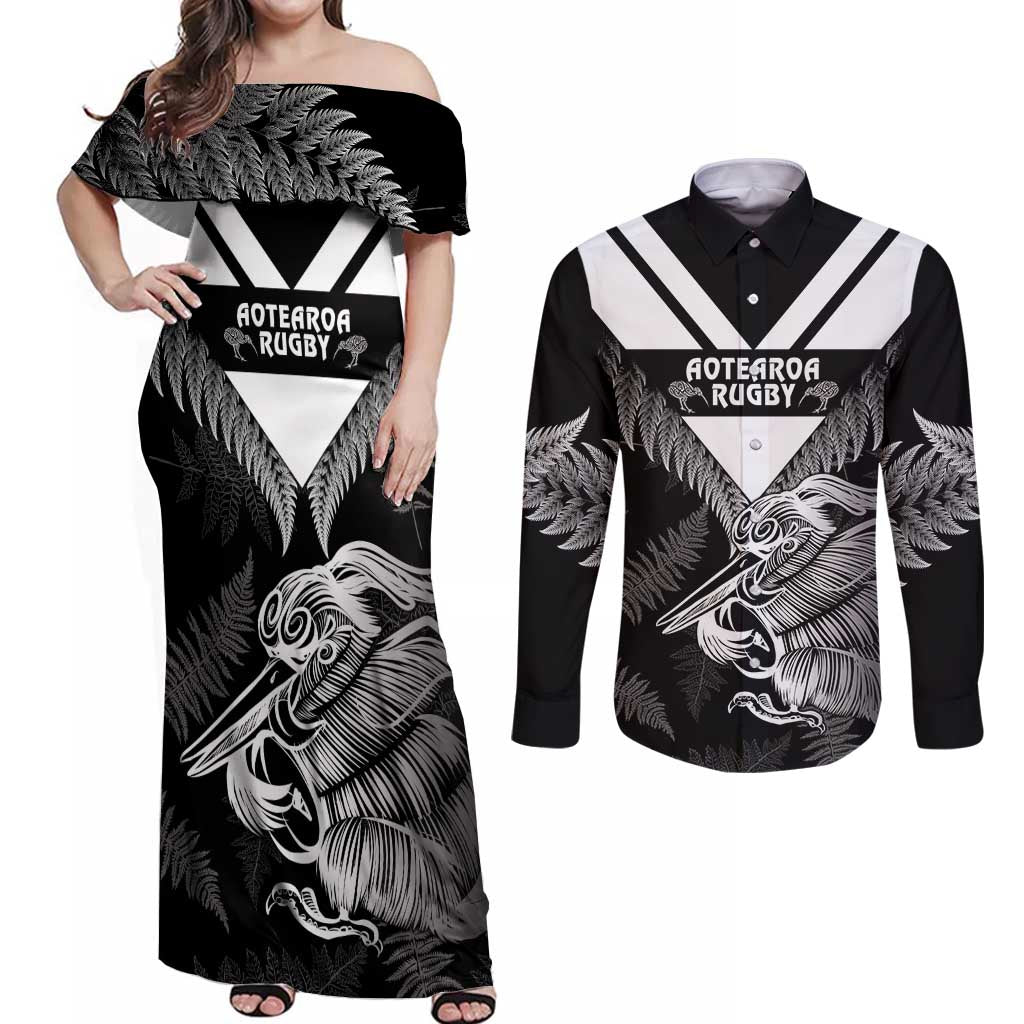 Aotearoa Silver Fern Rugby Custom Couples Matching Off Shoulder Maxi Dress and Long Sleeve Button Shirt 2024 Go Kiwi LT14 Black - Polynesian Pride