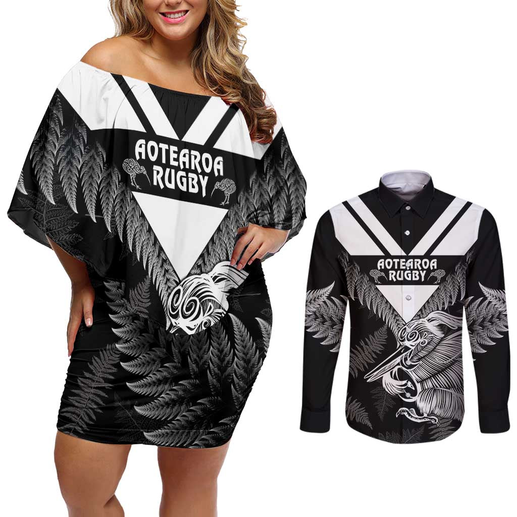 Aotearoa Silver Fern Rugby Custom Couples Matching Off Shoulder Short Dress and Long Sleeve Button Shirt 2024 Go Kiwi LT14 Black - Polynesian Pride