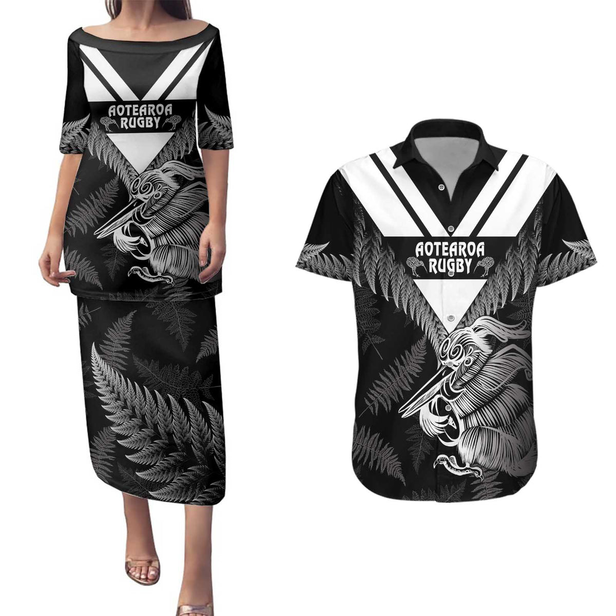 Aotearoa Silver Fern Rugby Custom Couples Matching Puletasi and Hawaiian Shirt 2024 Go Kiwi LT14 Black - Polynesian Pride