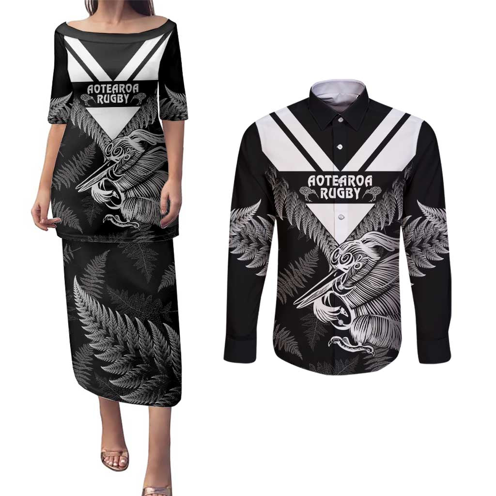 Aotearoa Silver Fern Rugby Custom Couples Matching Puletasi and Long Sleeve Button Shirt 2024 Go Kiwi LT14 Black - Polynesian Pride