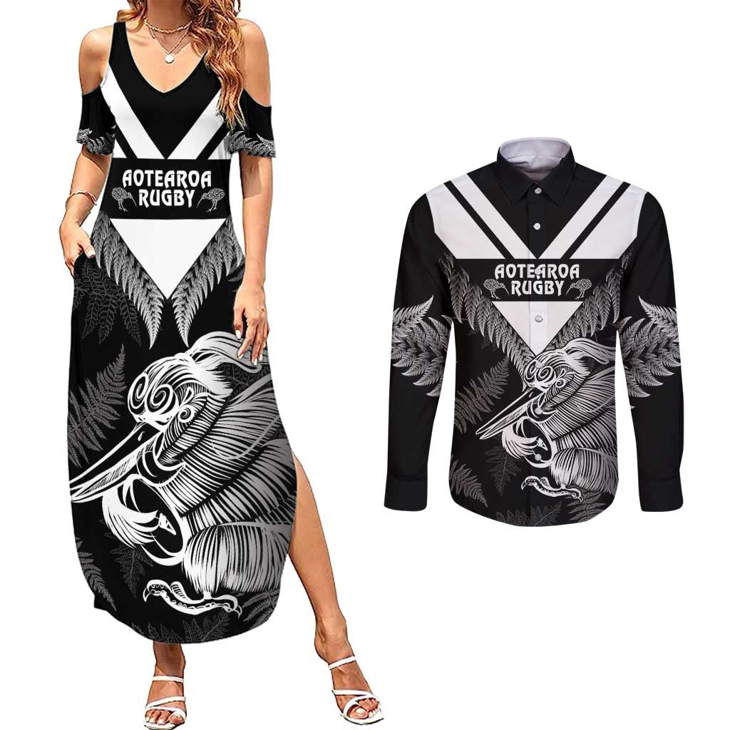 Aotearoa Silver Fern Rugby Custom Couples Matching Summer Maxi Dress and Long Sleeve Button Shirt 2024 Go Kiwi LT14 Black - Polynesian Pride
