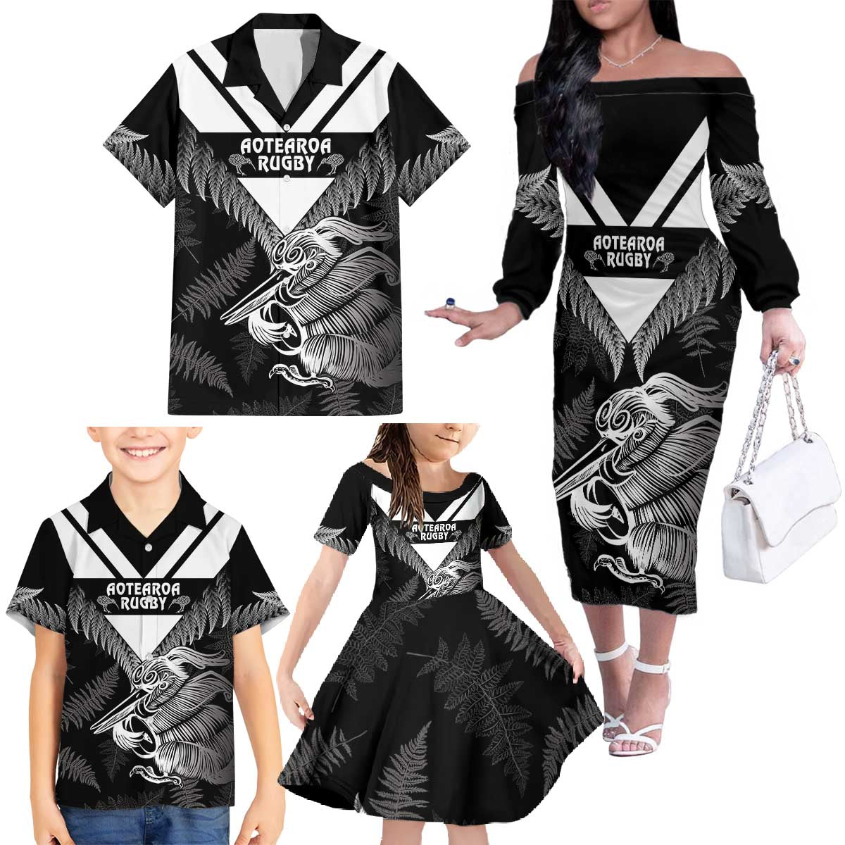 Aotearoa Silver Fern Rugby Custom Family Matching Off The Shoulder Long Sleeve Dress and Hawaiian Shirt 2024 Go Kiwi