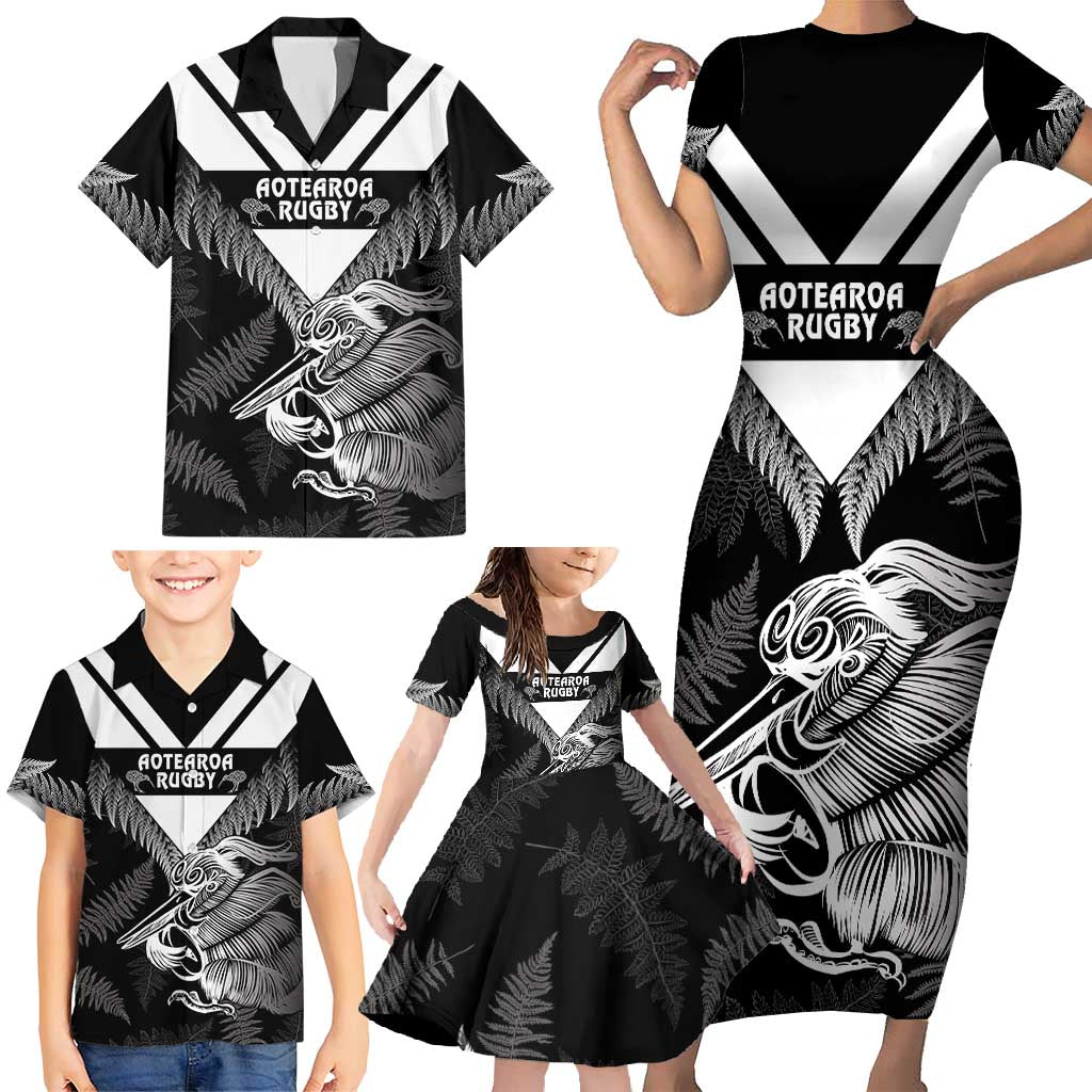 Aotearoa Silver Fern Rugby Custom Family Matching Short Sleeve Bodycon Dress and Hawaiian Shirt 2024 Go Kiwi