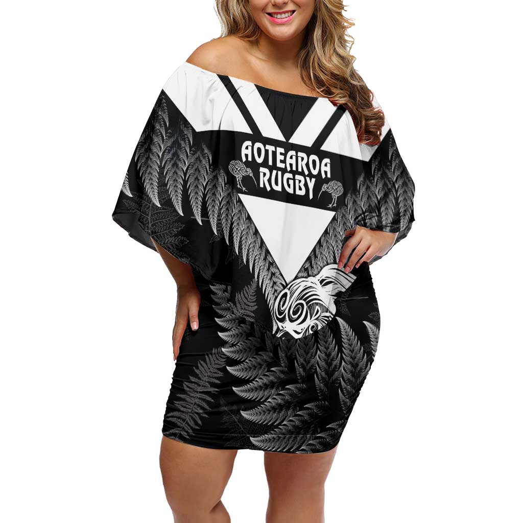 Aotearoa Silver Fern Rugby Custom Off Shoulder Short Dress 2024 Go Kiwi LT14 Women Black - Polynesian Pride