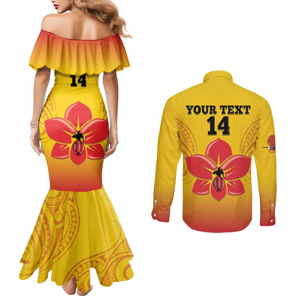 Orchids PNG Rugby Custom Couples Matching Mermaid Dress and Long Sleeve Button Shirt Go Champions Papua New Guinea