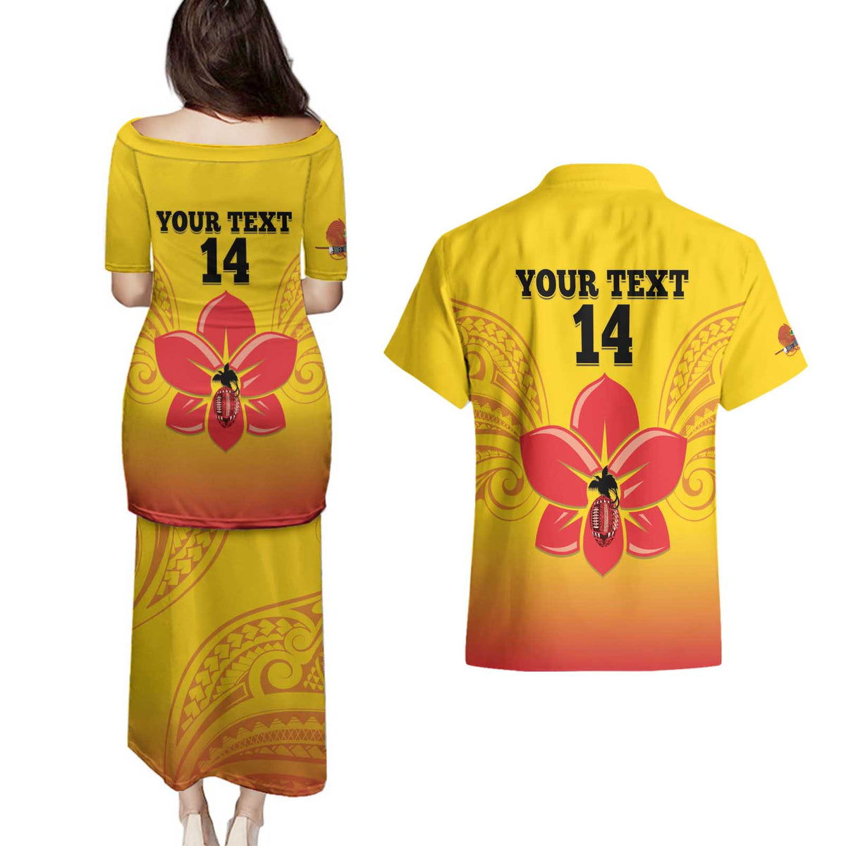 Orchids PNG Rugby Custom Couples Matching Puletasi and Hawaiian Shirt Go Champions Papua New Guinea