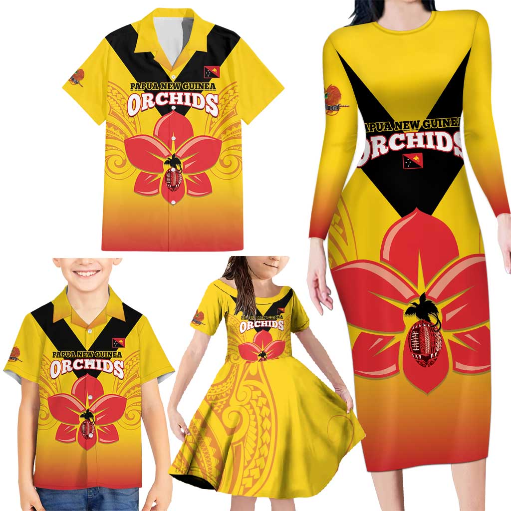 Orchids PNG Rugby Custom Family Matching Long Sleeve Bodycon Dress and Hawaiian Shirt Go Champions Papua New Guinea