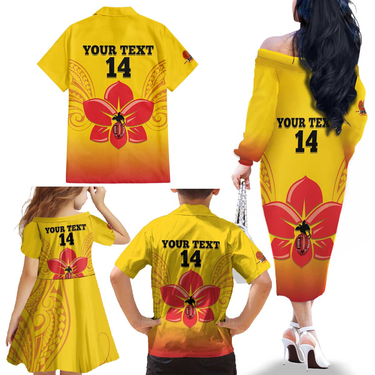 Orchids PNG Rugby Custom Family Matching Off The Shoulder Long Sleeve Dress and Hawaiian Shirt Go Champions Papua New Guinea