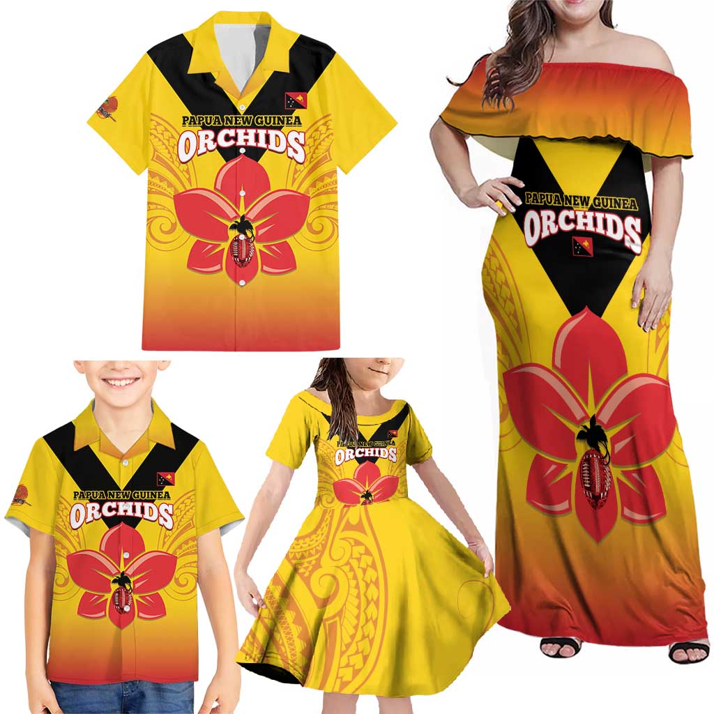 Orchids PNG Rugby Custom Family Matching Off Shoulder Maxi Dress and Hawaiian Shirt Go Champions Papua New Guinea