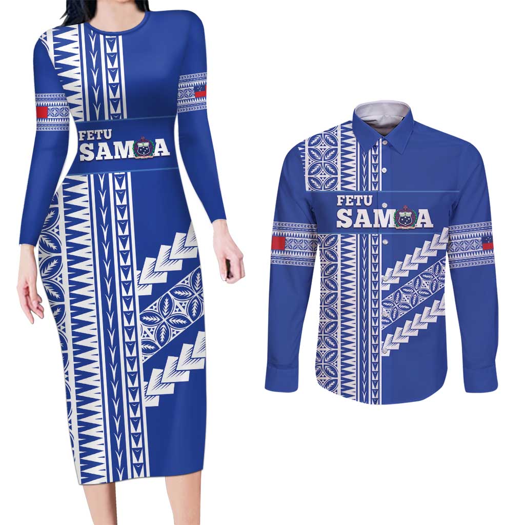 Fetu Samoa Rugby Custom Couples Matching Long Sleeve Bodycon Dress and Long Sleeve Button Shirt Siapo Pattern - Sporty Style