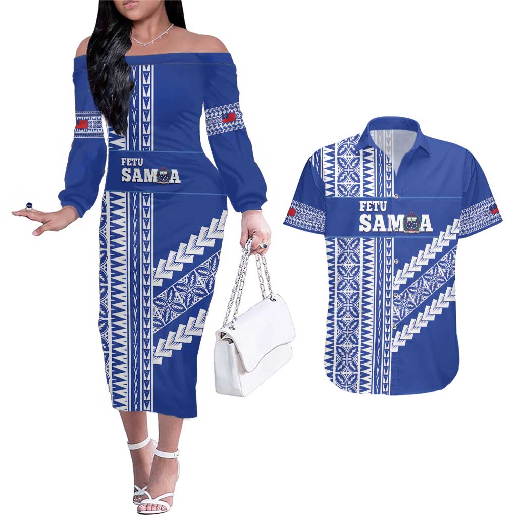 Fetu Samoa Rugby Custom Couples Matching Off The Shoulder Long Sleeve Dress and Hawaiian Shirt Siapo Pattern - Sporty Style