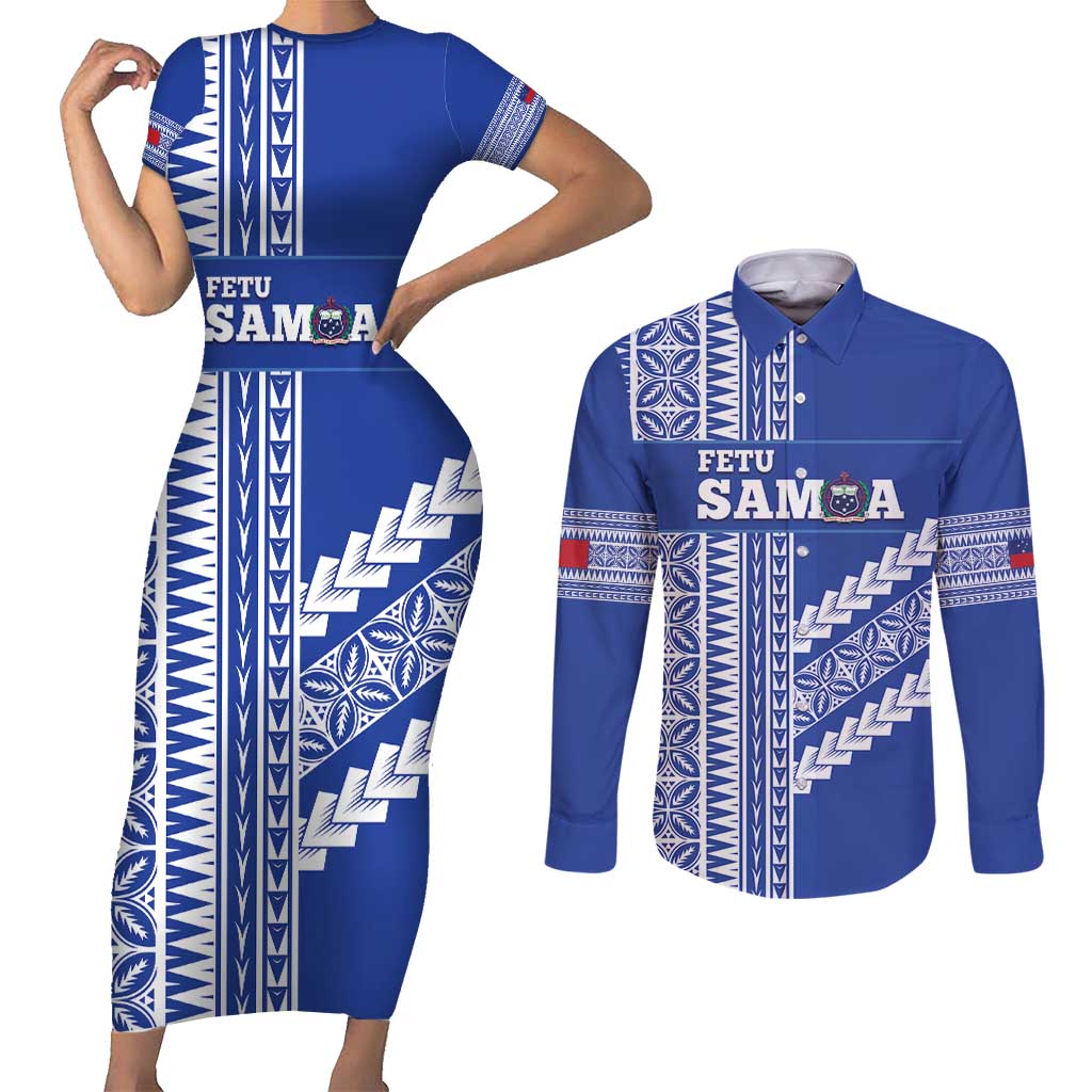Fetu Samoa Rugby Custom Couples Matching Short Sleeve Bodycon Dress and Long Sleeve Button Shirt Siapo Pattern - Sporty Style