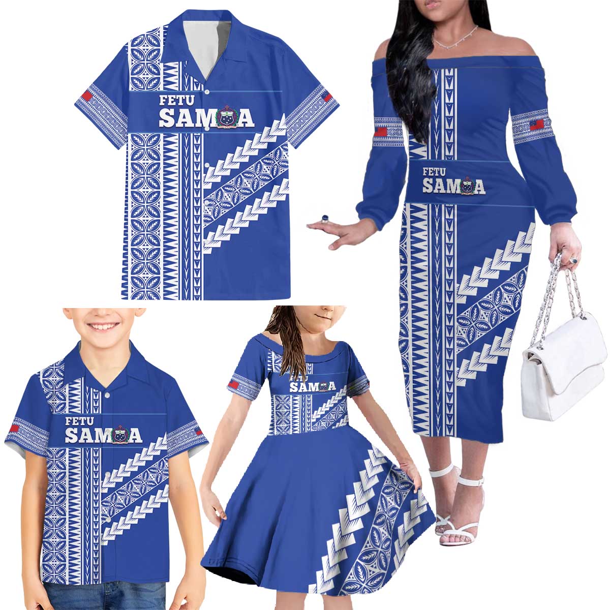 Fetu Samoa Rugby Custom Family Matching Off The Shoulder Long Sleeve Dress and Hawaiian Shirt Siapo Pattern - Sporty Style