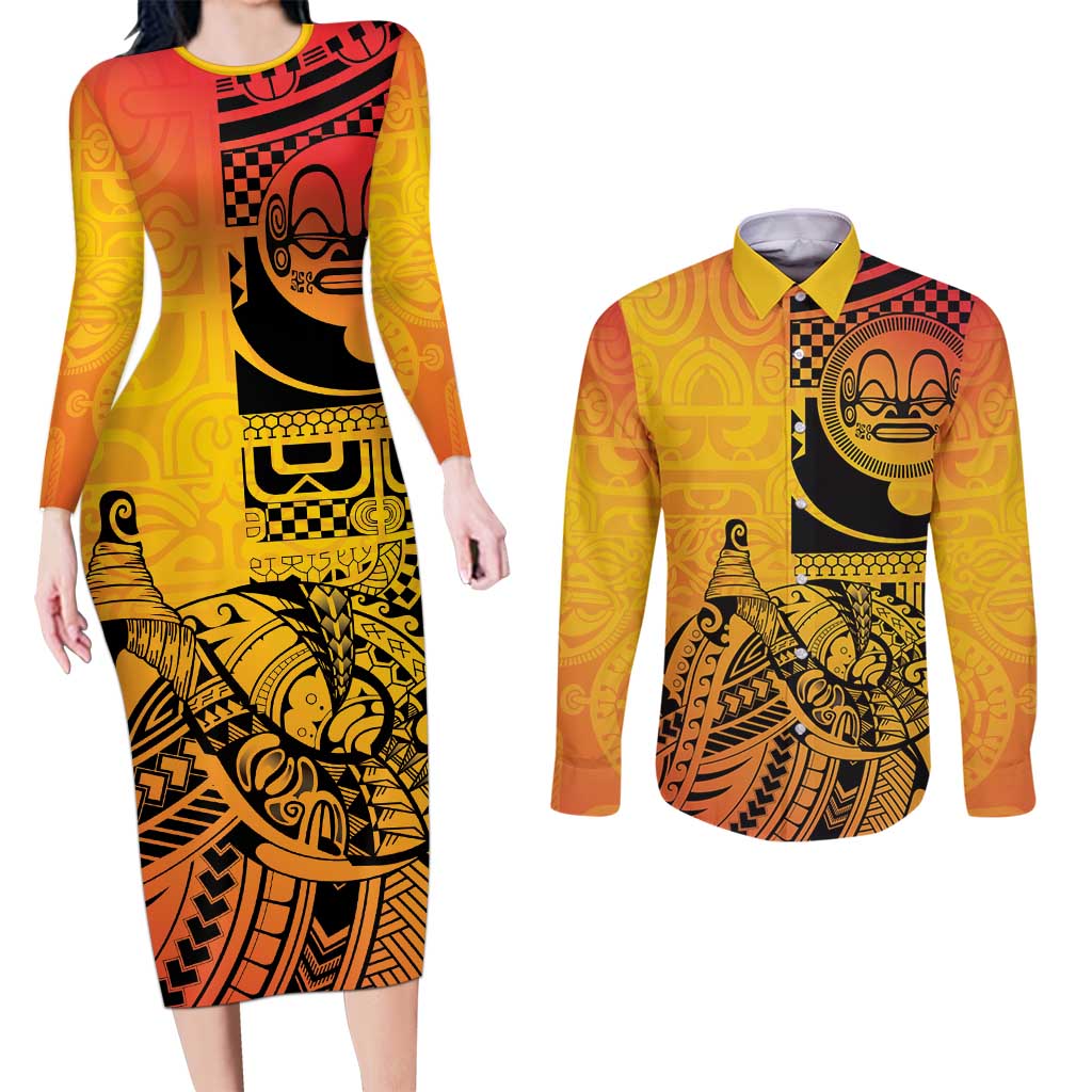Marquesas Islands Couples Matching Long Sleeve Bodycon Dress and Long Sleeve Button Shirt Marquesan Matatiki Fish Hook Patutiki - Polynesian Pride
