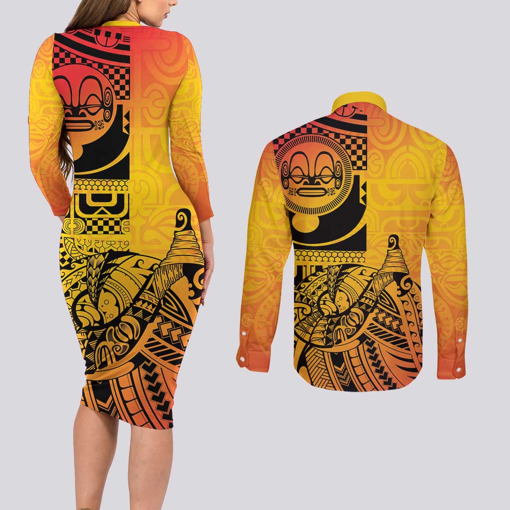 Marquesas Islands Couples Matching Long Sleeve Bodycon Dress and Long Sleeve Button Shirt Marquesan Matatiki Fish Hook Patutiki - Polynesian Pride